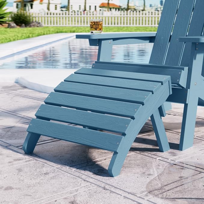 MXIMU Folding Adirondack Ottoman Outdoor: HIPS Plastic Patio Footstool Easy Assembly - All Weather FootRest Foot Stool for Adirondack Chair Use in Garden Lawn Backyard Pool (Blue)