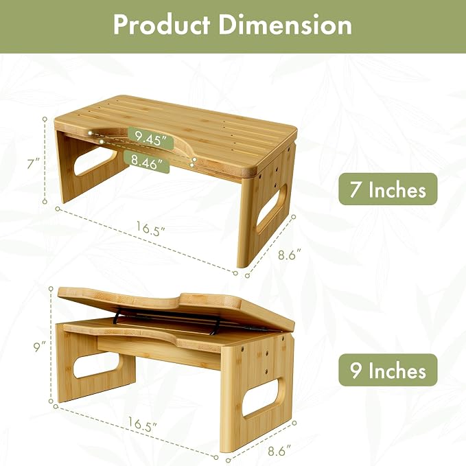 AmazerBath 7 Inches & 9 Inches Adjustable Height Bamboo Toilet Stool Squat Adult for Bathroom Poop Stool with Built-in Bracket, Potty Step Stool with Non-Slip Layer for Bathroom Natural Color