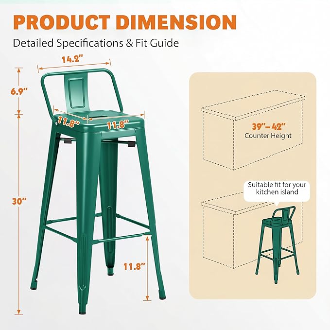 Furmax 30 Inch Metal Bar Stools Set of 4, Counter Height Stools, Industrial Bar Chairs Patio Stool Stackable Stool for Kitchen/Dining Room/Indoor Outdoor(Green, 30'' Lower Back)