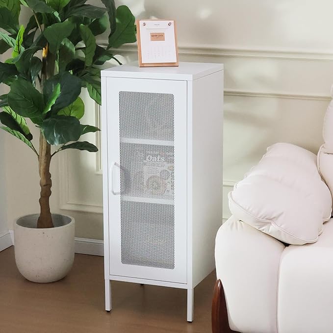 Slim Metal Storage Cabinet with Mesh Doors - 42'' Tall Narrow Organizer Tower, Compact Freestanding Cabinet, Versatile Utility Storage for Home, Office, Kitchen, Living Room, Durable and Modern Design