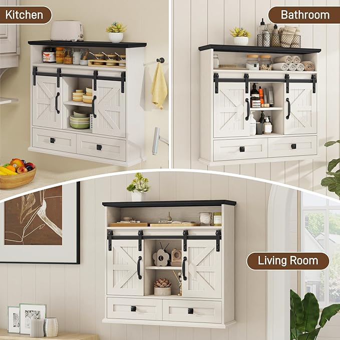 Vabches Bathroom Wall Cabinet, Farmhouse Medicine Cabinet with Double Sliding Barn Door and Storage Drawer, Wooden Vintage Storage Cabinet Wall Mounted for Bathroom, Kitchen, Rustic White and Black