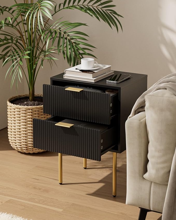 Aienvey Night Stand, Modern Nightstand with Drawers, Bedside Table, Gold Small Side Table for Bedroom, Living Room End Table (Black Stripe, 2 Drawers)