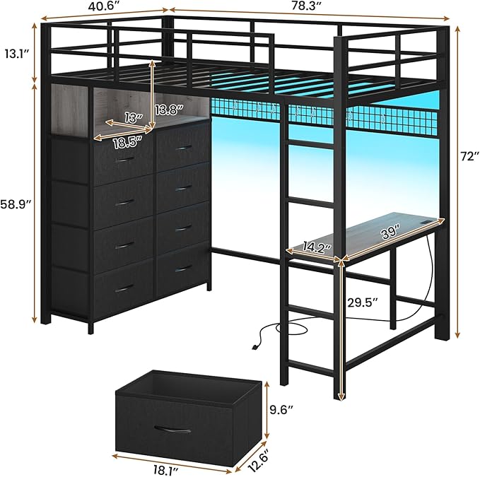 BTHFST Twin Loft Bed with Desk & 8 Storage Drawers Tall Dresser, Black Metal Loft Bed with LED Lights & Charging Station, 2-Tier Storage Shelves, Stable & Sturdy, Noise Free, Space Saving, Grey