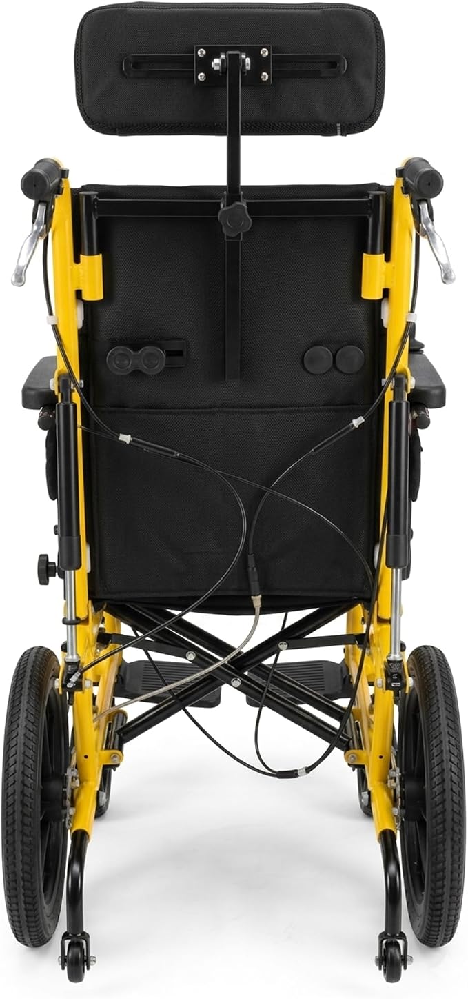 Pediatric Full Reclining Wheelchair - Heavy Duty 220 lbs Capacity Folding Kids Wheelchair with Elevating Footrest, Headrest & Meal Tray, Portable Mobility Aid for Children with Special Needs (Yellow)