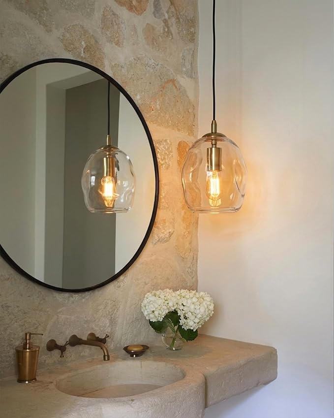 CASAMOTION Glass Pendant Light Gold and Clear Organic Globe Ceiling Hanging Fixtures Modern Industrial Ambient Lighting Over Kitchen Island Sink Bar Counter Porch Small Medium Lamp 8 Inch H