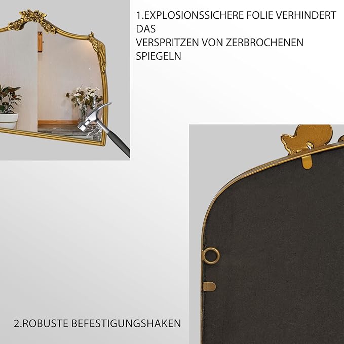 Gold Baroque Mirror Antique 19x24 Inches - Vintage Arched Mirror with Ornate Gold Frame for Entryway, Narrow Hallway & Bathroom Wall Decor