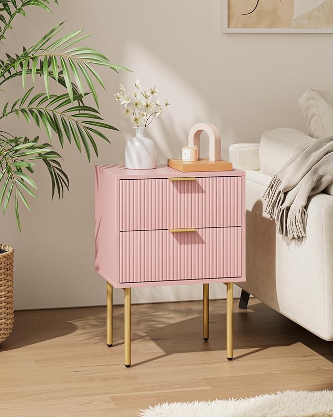 Aienvey Night Stand, Modern Nightstand with Drawers, Bedside Table, Gold Small Side Table for Bedroom, Living Room End Table (Pink Stripe, 2 Drawers)