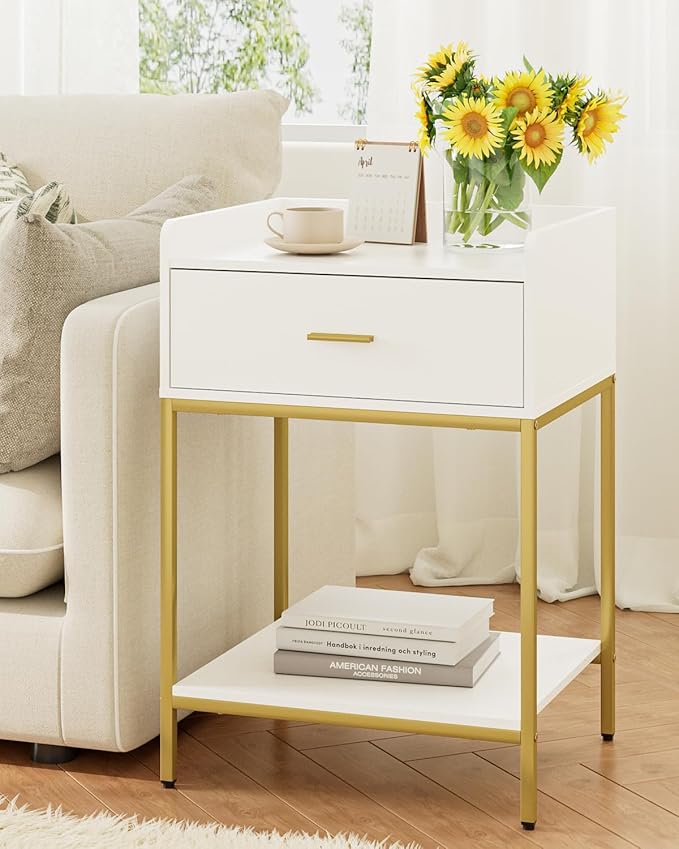 Masupu Nightstand, 3-Tier Modern Bedside Night Stand with Storage Drawer and Shelf, Large End Side Table for Bedroom, Living Room, White