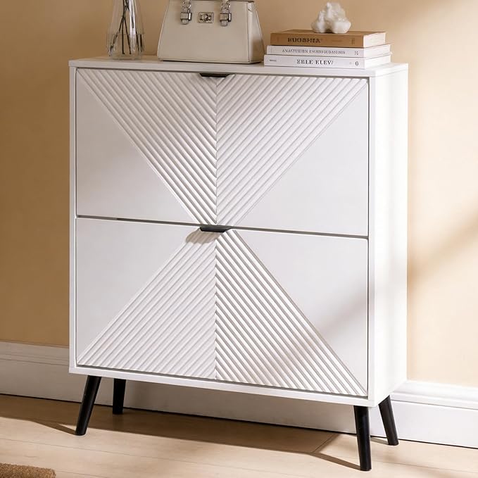 oakvivo Shoe Cabinet Storage, Farmhouse Freestanding Organizer with 2 Flip Drawers and 4 Wooden feet, Narrow Shoe Rack Cabinet for Entryway, Foyer, Hallway, White