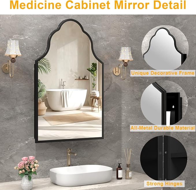 20"x32" Irregular Medicine Cabinet with Mirror, Recessed or Surface Mount Black Arched Medicine Cabinet for Bathroom, Artistic Decorative Mirror with Storage, Full Metal, Easy Installation