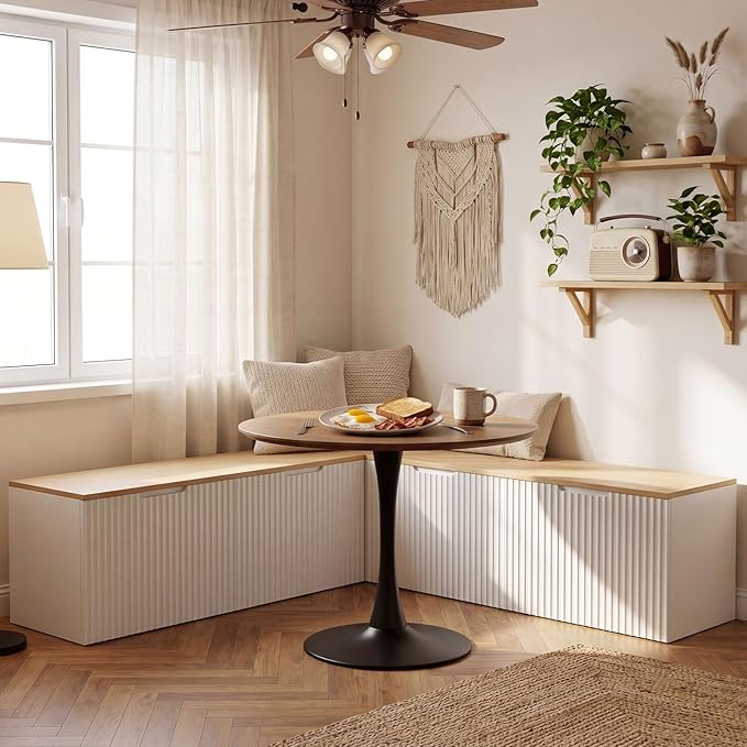 ZZW L Shaped Storage Bench, Modular Corner Dining Bench Seating, 63" Breakfast Nook Bench w/Hidden Storage, Safety Soft-Close Hinges, Dining Room, Kitchen, Living Room, Entryway Color Oak and White
