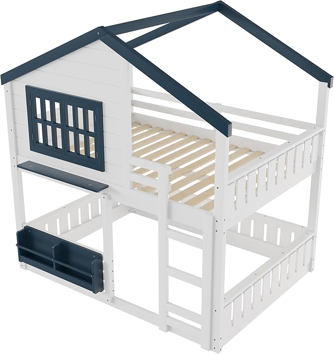 Full Size House Bunk Bed Frame with Storage Bookshelf, Window, Wooden Floor Bunk Bed with Fences, Space Saving for Kids Adults, No Noise, White
