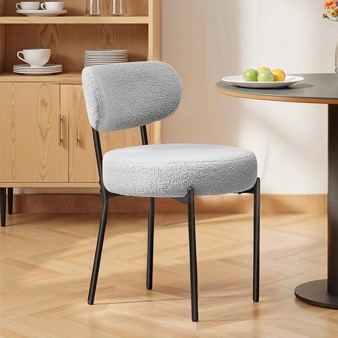 DUMOS Dining Chairs Set of 4, Mid Century Modern Chair Round Upholstered Curved Backrest, Kitchen Vanity Living Room Chairs with Black Metal Legs，Classic Grey