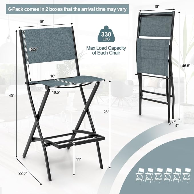 Giantex Folding Patio Bar Chairs Set of 6, Outdoor Counter Height Bar Stools with Footrest & Back, All-Weather Resistant, Metal Frame, for Porch Deck Lawn Garden (Light Blue)