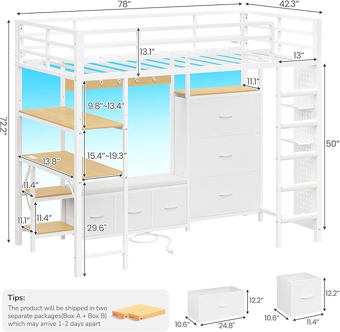DICTAC Twin Loft Bed with 6 Storage Drawers,Coat Rack and Open Shelves Metal Twin Size Loft Bed with Desk,Charging Station and LED Light,loft beds with Large Pegboard,Stairs and Safety Guardrail,White