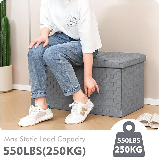 B FSOBEIIALEO Folding Storage Ottoman, Faux Leather Footrest Seat Long Bench Storage Box Chest, Grey 30"x15"x15"
