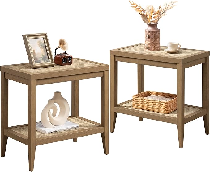 SICOTAS Rattan Nightstands Set of 2 Bedside Table - Boho Narrow End Table Living Room Set of 2 Side Table with Storage Shelves for Small Space - Natural Oak
