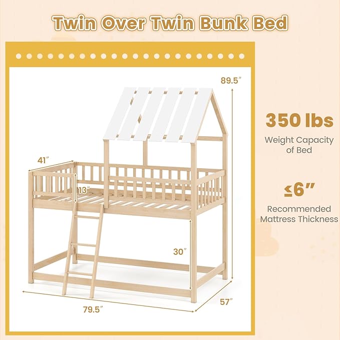 Giantex Twin Over Twin House Bunk Bed, Low Loft Bed Frame with Roof, Wood Bunk Bed with Ladder & Full-Length Guardrails, Twin Floor Bed for Kids Teens Boys Girls, No Box Spring Needed (Natural)