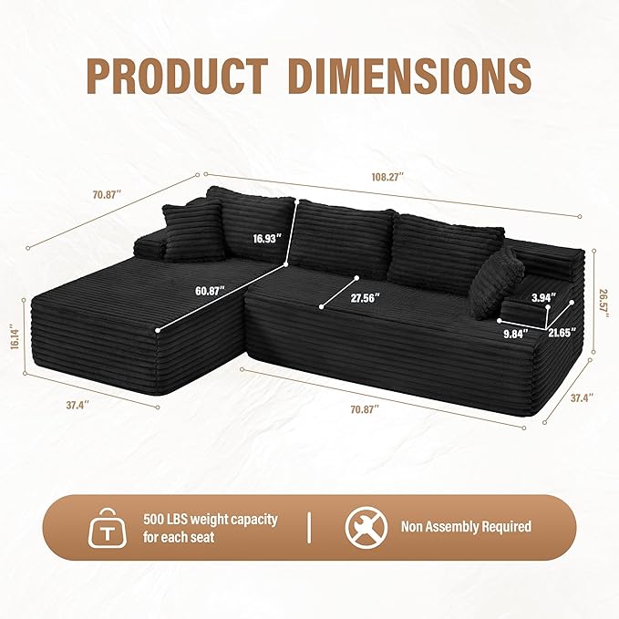 Hobestluk Modular Sectional Sofa Boneless Couch L-Shape Couch 3 Seat Modular Couch Memory Foam Sectional Couches for Living Room Furniture, Cloud Couch with Oversized Chaise (108" Left Facing Chaise)