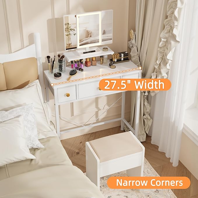 HIGDBFE Small Makeup Vanity Desk 27.5''W with Mirror and Lights, Vanity Desk with 3 Fabric Drawers and Height-Adjustable Stand, Vanity Table for Girls Gifts, Bedroom and Small Spaces, White