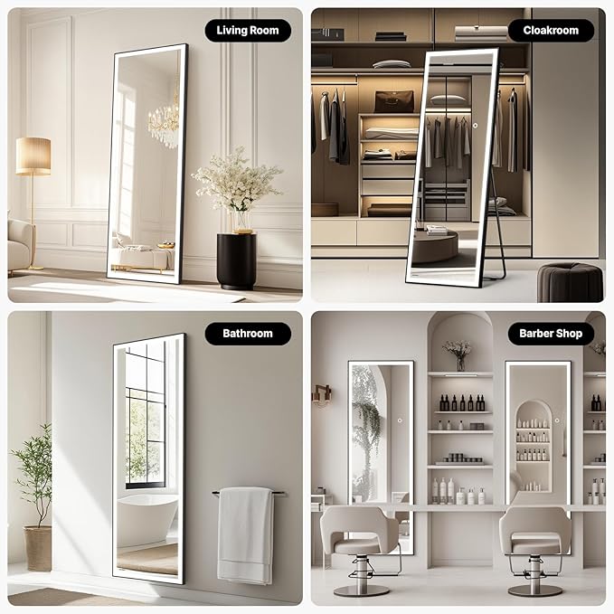 Kosmonia 71x24 Full Length Mirror, Dimmable 3 Color LED Light w/Light Memory, Distortion Free Silver Coating Mirror, HD Reflection &Anti Desilvering,Tempered Glass, Easy Setup w/Stand, Wall/Standing