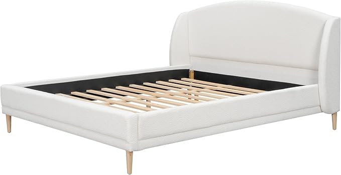 Hazel California King Size Bed Frame, Upholstered Platform Bed, Soft Boucle Headboard, Wood Bed Support and Slats, Curved-Shaped Headboard California King Bed, 43.90" H White