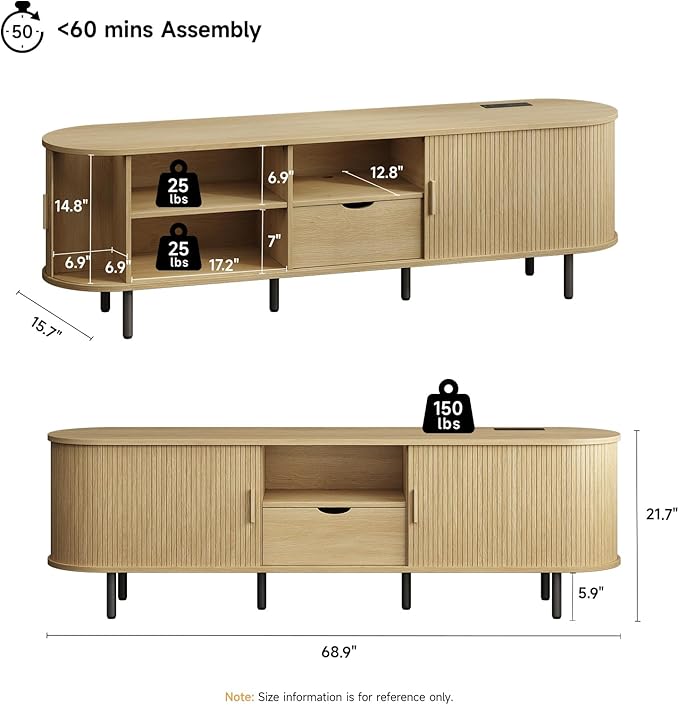 ONBRILL 69" TV Stand with Power Outlet for TVs up to 80", Entertainment Center with Storage and Drawer, TV Console with Adjustable Shelves and Sliding Door, TV Stand for Living Room, Bedroom, Oak