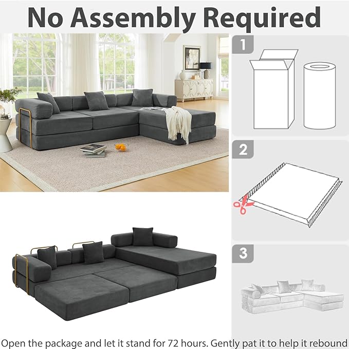 HANXIN 108" Modular Sectional Sofa, Futon Convertible Sofa Bed,Oversized Corduroy Boneless Couch for Living Room,Floor Loveseat Sleeper with Pull Out Bed,Free Combination,No Assembly Required (Grey)