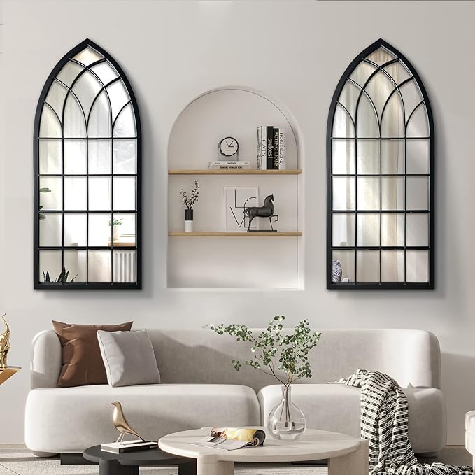 WAMIRRO Farmhouse Window Mirror,Arched Black Mantel Mirror,Cathedral Wall Mirrors with Window Pane for Entryway/Fireplace/Living Room/Hallway 20"X46"