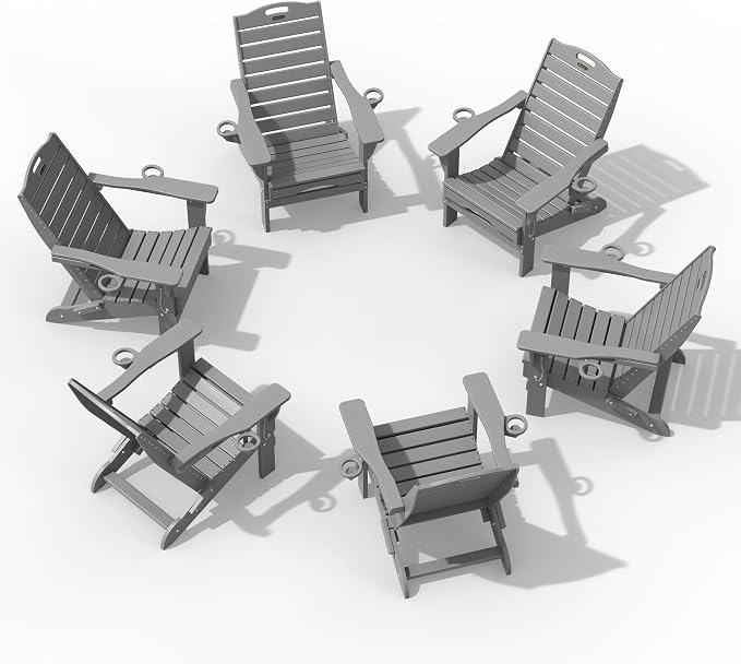 Adjustable Adirondack Chairs Set of 6 with Retractable Ottoman, HDPE Folding Adirondack Chair with Cup Holders, Weather Resistant for Backyard, Poolside & Fire Pit (Grey)