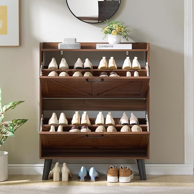 LEYAOYAO Shoe Cabinet Storage for Entryway with 2 Flip Drawers Rack Narrow Organizer Slim Hidden Wood Shoe Cabinet Furniture Walnut