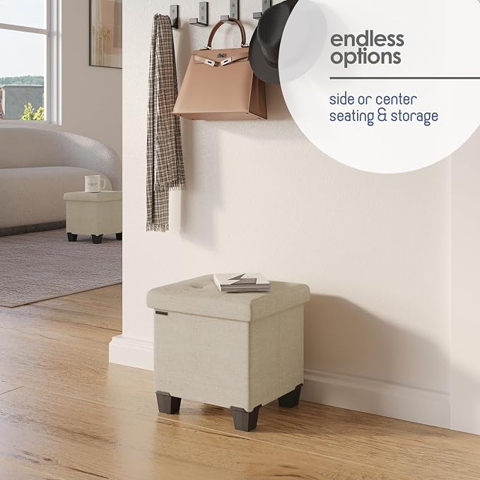 Storage Ottoman Cube with Small Bin, 15-in Square Ottoman with Storage for Living Room and Bedroom, Small Ottomans Foot Rest, Fabric Foot Stools Ottomans Max 330lbs, Beige