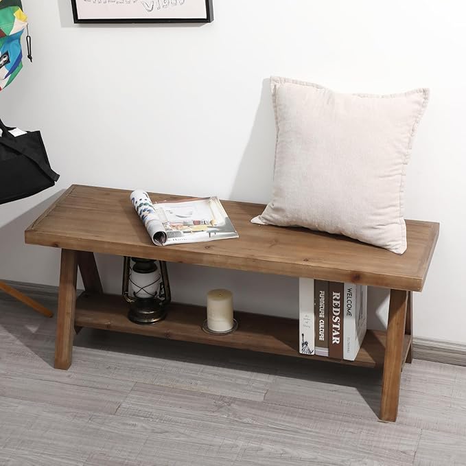 RowyPoey Solid Wood Bench, 43" Farmhouse Entryway Bench for Living Dining Room, Rustic Storage Bench Seat for Indoors, Natural