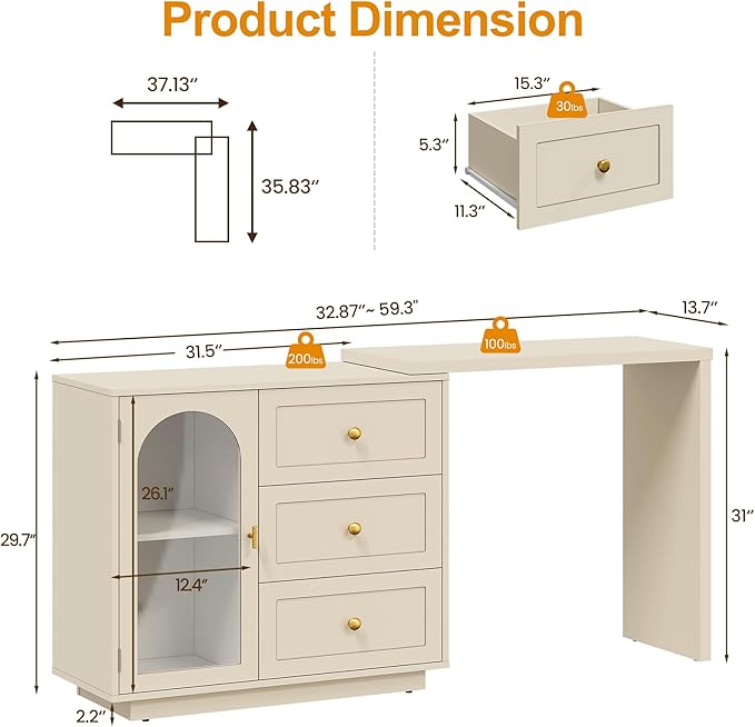 RoyalCraft 59” Large Makeup Vanity Desk, Beige L Shaped Corner Vanity Table with 3 Drawer & 1 Door, Modern Extendable Dressing Table, Vanity Dresser Combo for Bedroom, Dressing Room (Without Mirror)