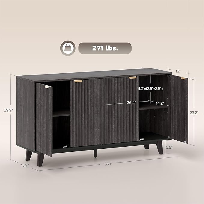 HOMCOM Fluted Sideboard Buffet Cabinet, 55" Modern Accent Console Cabinet with 4 Doors, 2 Adjustable Shelves and 5 Wood Legs, Dark Gray
