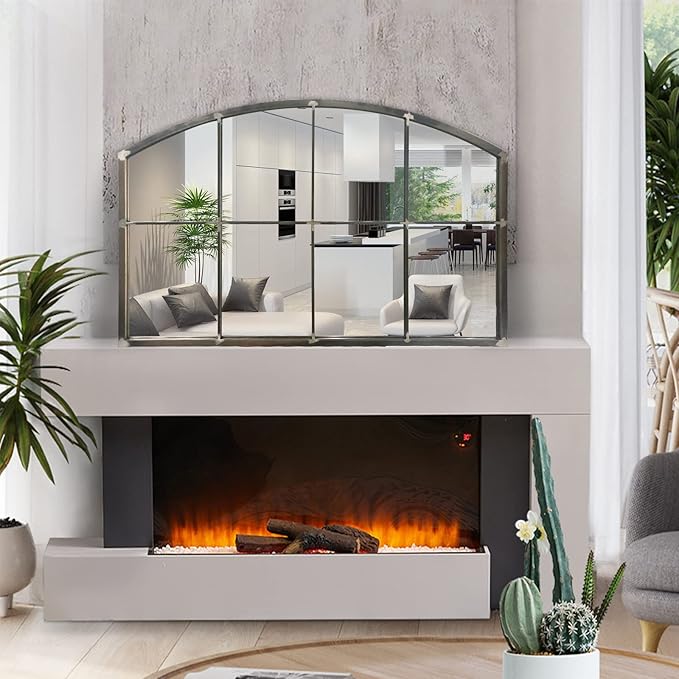 WAMIRRO Wide Window Pane Black Mirror,Farmhouse Arched Wall Mirror,Mantel Mirror for Fireplace/Entryway/Hallway/Living Room,42“X28” (Vintage Retro-Grey Wide)