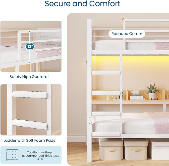 Twin Over Twin Bunk Bed with 6 Storage Drawers & 3 Boxes, Dual Side Shelves, Twin Bunk Beds for Kids with LED Lights and Charging Station, Heavy Duty Metal Bunk Bed with Safety Guardrail and Ladder