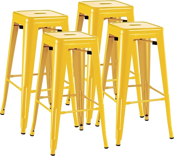 Furmax 30 Inch Metal Bar Stools Set of 4, Counter Height Stools, Industrial Bar Chairs Patio Stool Stackable Stool for Kitchen/Dining Room/Indoor Outdoor(Yellow, 30'' Backless)