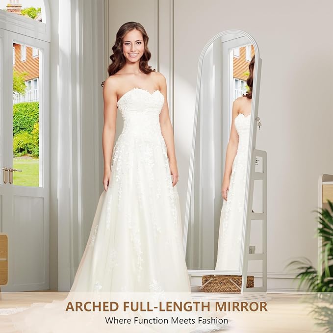 HWB LED Mirror Jewelry Cabinet, 360° Swivel Jewelry Organizer Standing, Arched Wide Full-Length Mirror with Storage Shelves, Interior Mirror, Gift Jewelry Armoire for Lady Girls