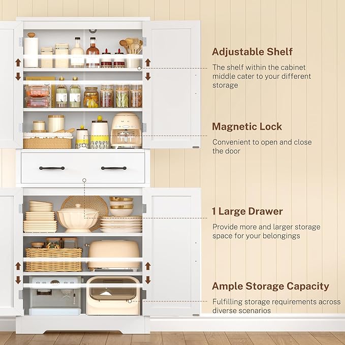 TEENFON Tall Storage Cabinet with 2 Adjustable Shelves & 1 Large Drawer, Kitchen Pantry Cabinet with 4 Doors, Bathroom Storage Cabinets, for Living Room, Kitchen, Bathroom, White