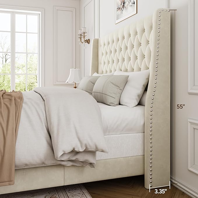 Full Bed Frame with 55" Tall Headboard, Upholstered Bed Frames, Soft Fabric, Button Tufted Headboard with Windback, Platform Bed, Noise-Free, No Box Spring Needed, Beige