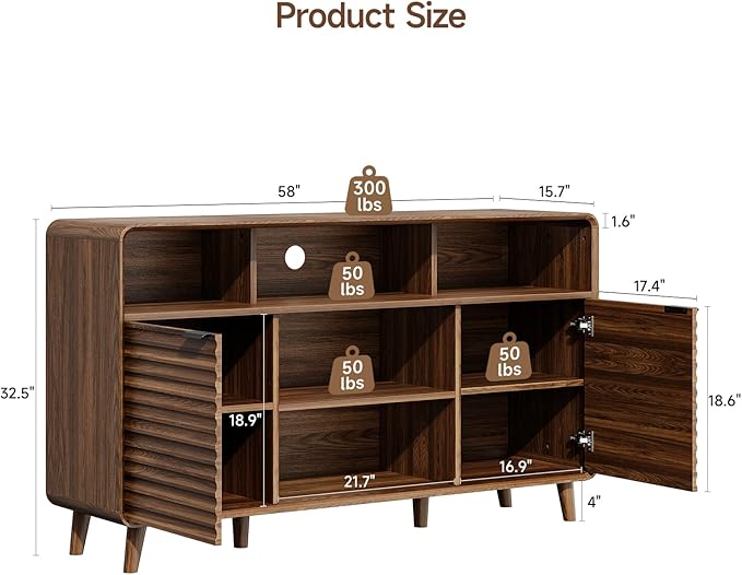 58 Inch Curved Sideboard Buffet Cabinet w/2 Wave Doors and Open Storage Spaces, Angled Side Frame, Sideboard Storage with Adjustable Shelves, Coffee Bar Cabinet for Kitchen, Living Room, Walnut