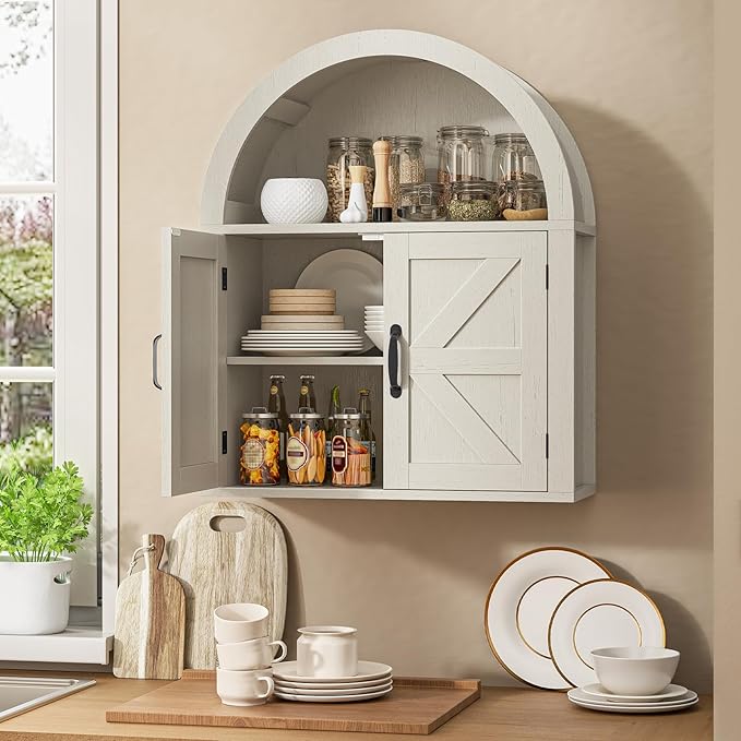 Arched Bathroom Wall Cabinet, Farmhouse Medicine Cabinet with Barn Door and with Adjustable Shelf, 23.6 x 28.7'' Wooden Storage Cabinet Wall Mounted for Bathroom Laundry Room Kitchen, Rustic White