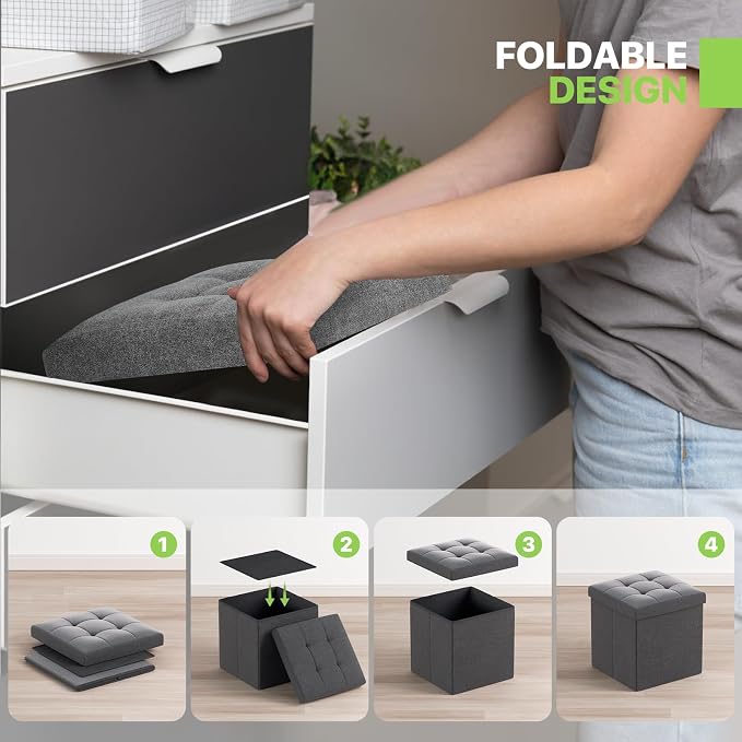 Magshion Folding Storage Ottoman Cube, 15 Inches Small Foot Rest Stool, Square Ottoman with Storage for Bedroom, Living Room, Dorm, Dark Gray