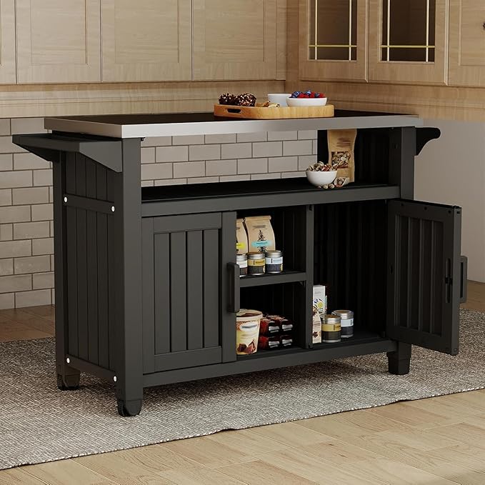 EasyUp Outdoor Storage Cabinet,Patio Storage Table, Bar Table with Wheels,Outdoor Bar Cart for Patio, Poolside and Backyard,Classic Black