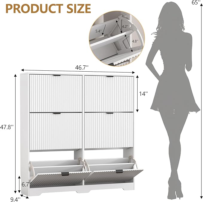 HUANLEGO Shoe Cabinet Storage for Entryway with 6 Flip Drawers, White Fluted Shoe Cabinet with Adjustable Shelves, Wooden Hidden Shoe Rack Freestanding Narrow Slim Shoes Storage for Hallway, Entrance