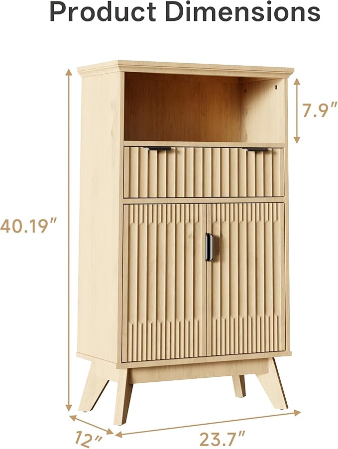 Fatmok Buffet Cabinet with Storage, 40" Modern Fluted Coffee Bar Cabinet with Drawer & Open Shelf, Wood Buffet Sideboard Console Table for Entryway, Kitchen, Living Room (Natural Wood)