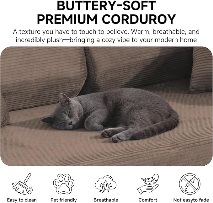79" Boneless Couches for Living Room, Corduroy Sofa Bed with 2 Pillows,Side Pockets,Hex Arm, 5-in-1 Loveseat Sleeper Sofa for Small Spaces, High-Density Foam Couch, No Assembly, Brown