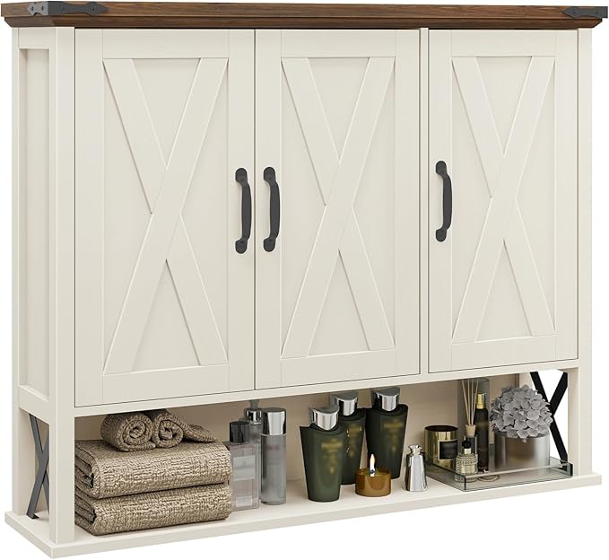 Halitaa Bathroom Wall Cabinet, Farmhouse Medicine Cabinet with Adjustable Wood Shelf & 3 Doors, Over The Toilet Storage Cabinet for Wall Mounted for Bathroom Laundry Room Kitchen, White and Brown