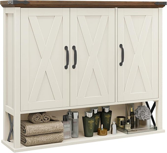 Halitaa Bathroom Wall Cabinet, Farmhouse Medicine Cabinet with Adjustable Wood Shelf & 3 Doors, Over The Toilet Storage Cabinet for Wall Mounted for Bathroom Laundry Room Kitchen, White and Brown